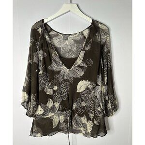 Ann Taylor Silk V-Neck Peplum Brown Floral Top 3/4 Sleeve Sheer Flowy